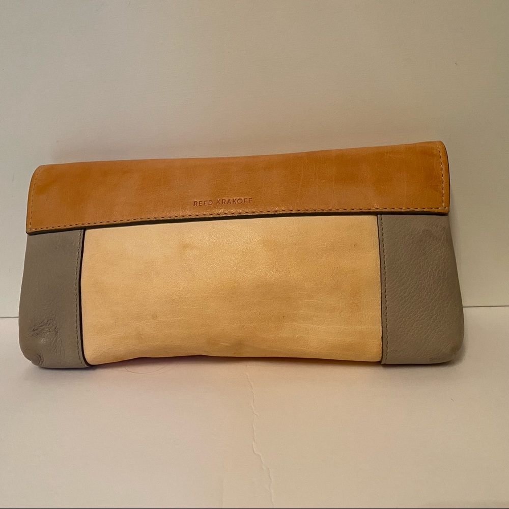 REED KRAKOFF BAG CLUTCH TAN CREAM GRAY COLOR BLOCK LEATHER SNAP FLAP LUXURY - Picture 6 of 15